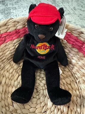 Hard Rock Cafe Black Bear Plush with Red Cap and Embroidered Logo